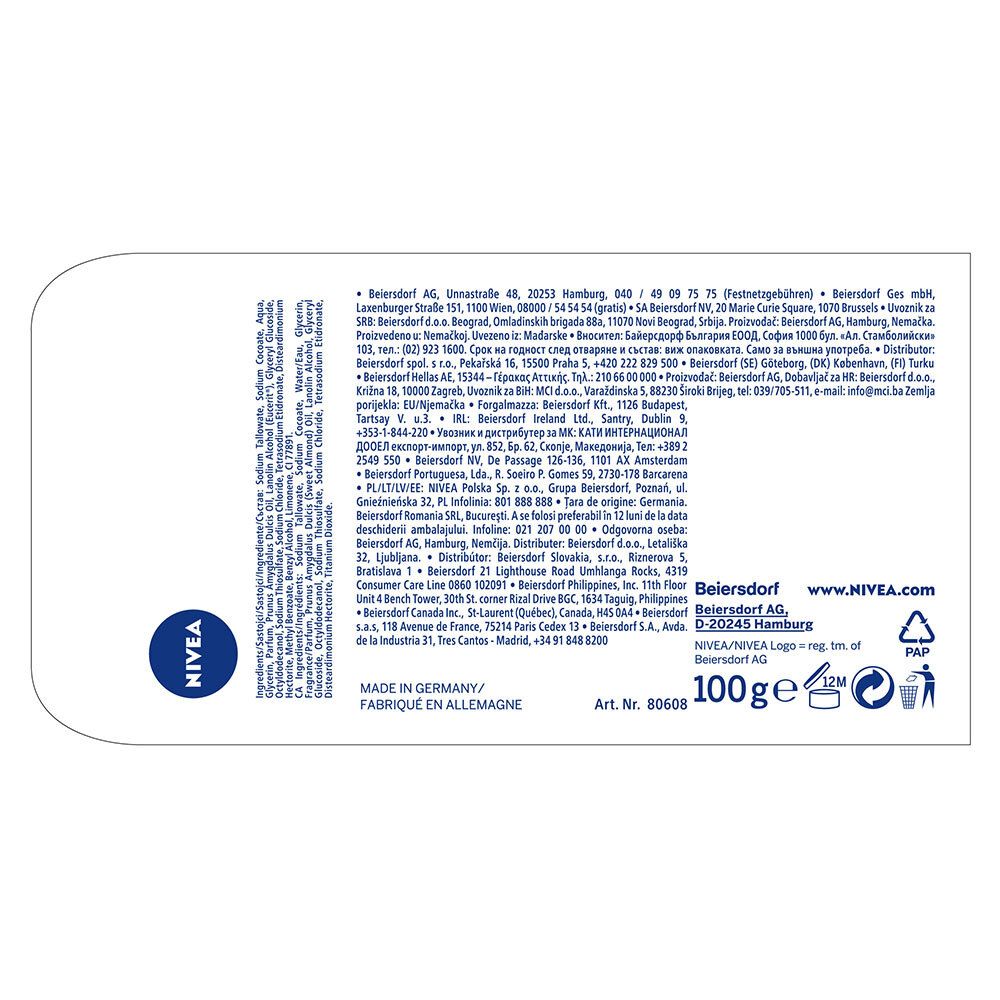 Dos de l'emballage avec informations produit, ingrédients, adresse du fabricant et symboles de recyclage. 100g.