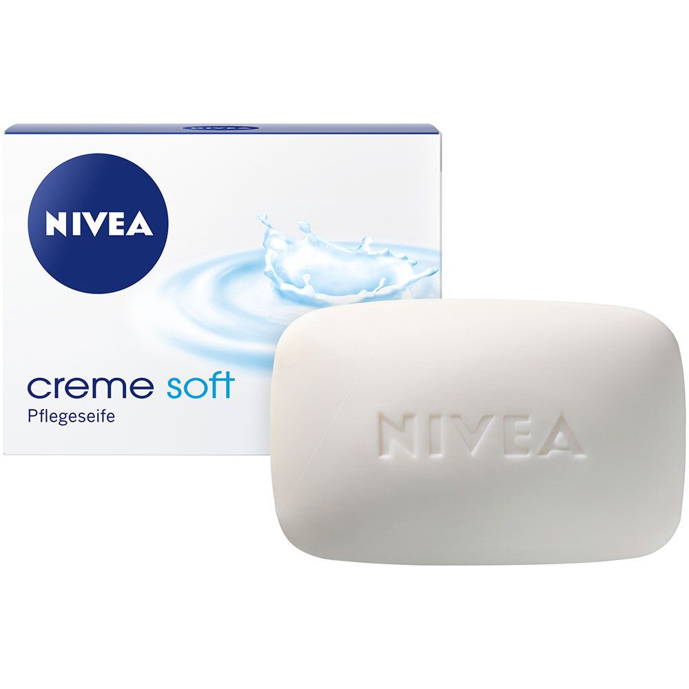 Savon blanc avec logo NIVEA. À côté, l'emballage avec le nom du produit. Savon crème soft.