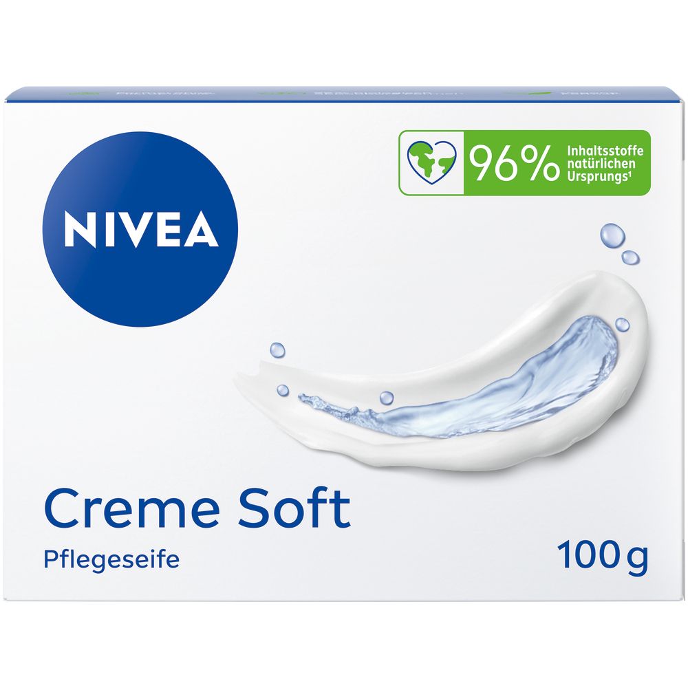 Emballage du savon doux NIVEA Creme Soft. Il est blanc avec des accents bleus et montre une texture crémeuse.