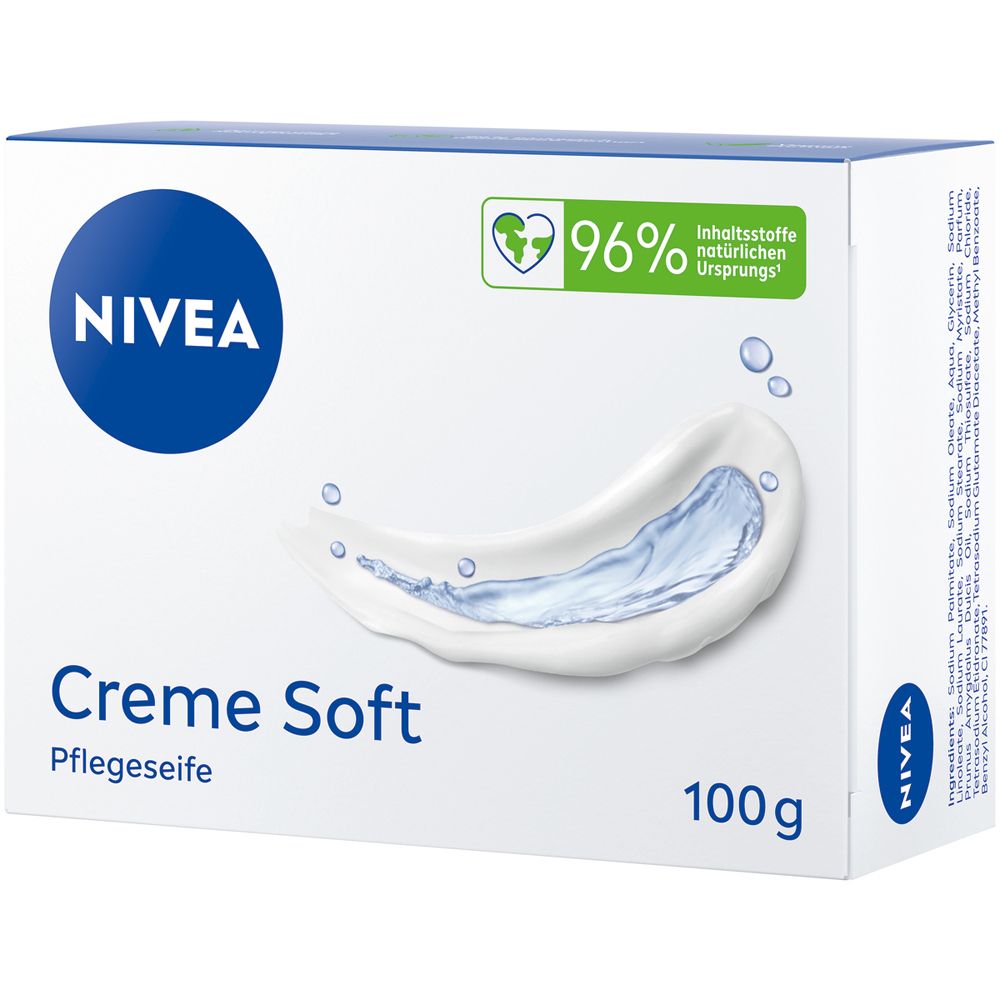 Face avant de l'emballage du savon doux NIVEA Creme Soft. Elle montre le nom de la marque, le nom du produit et 100g.