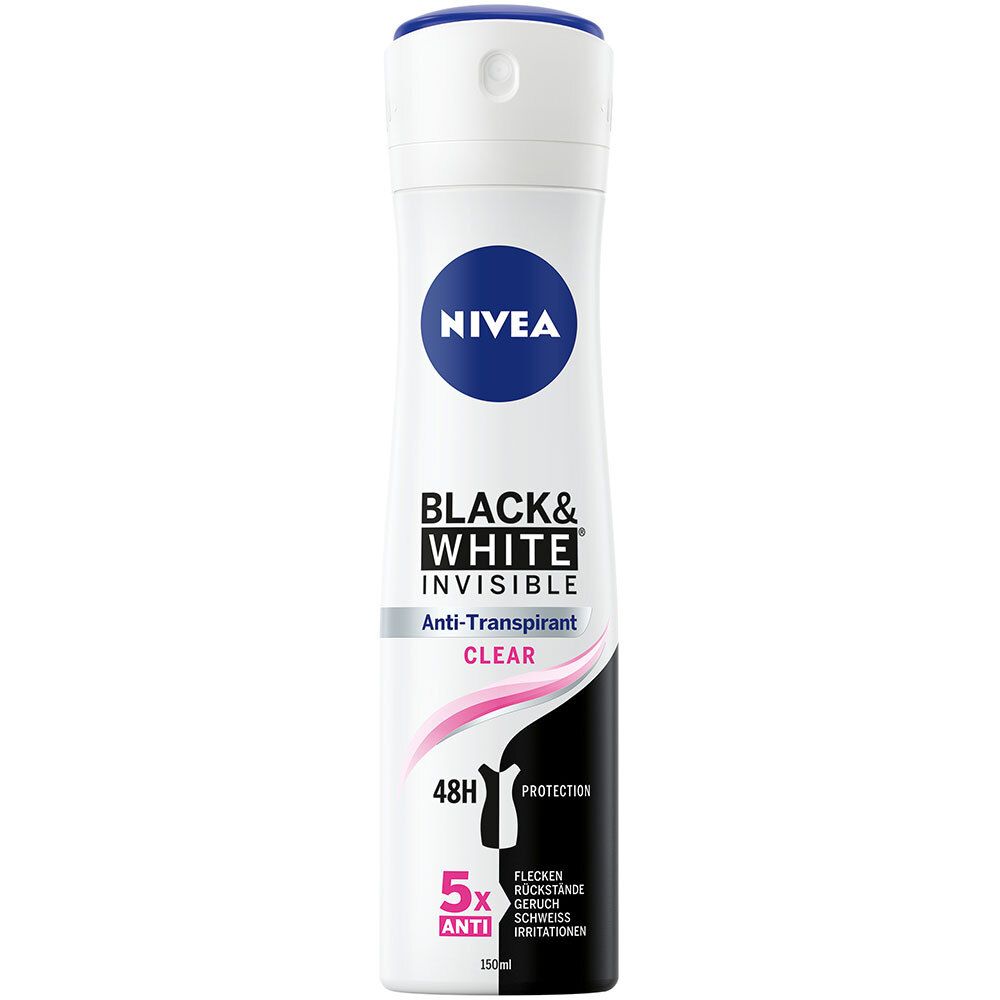 Spray NIVEA Invisible Black & White Clear. Bouteille blanche, bouchon bleu. Inscriptions noires et blanches.