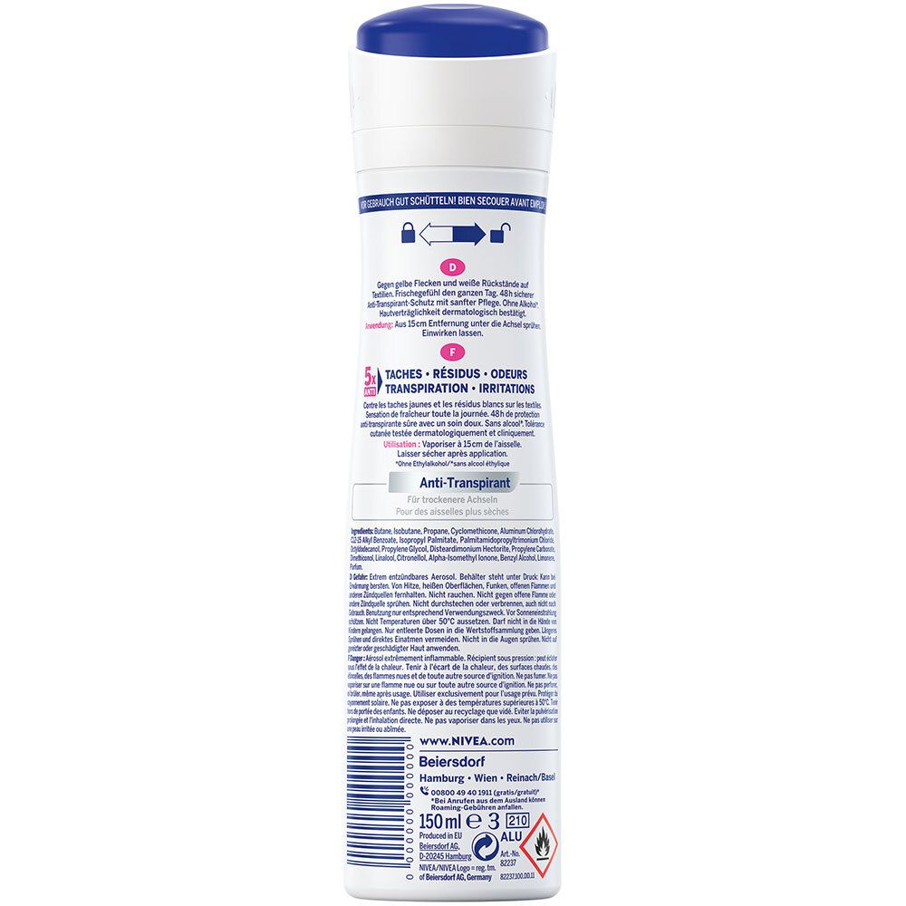 Dos du spray NIVEA Invisible Black & White Clear. Texte multilingue. Couleurs bleu et blanc.