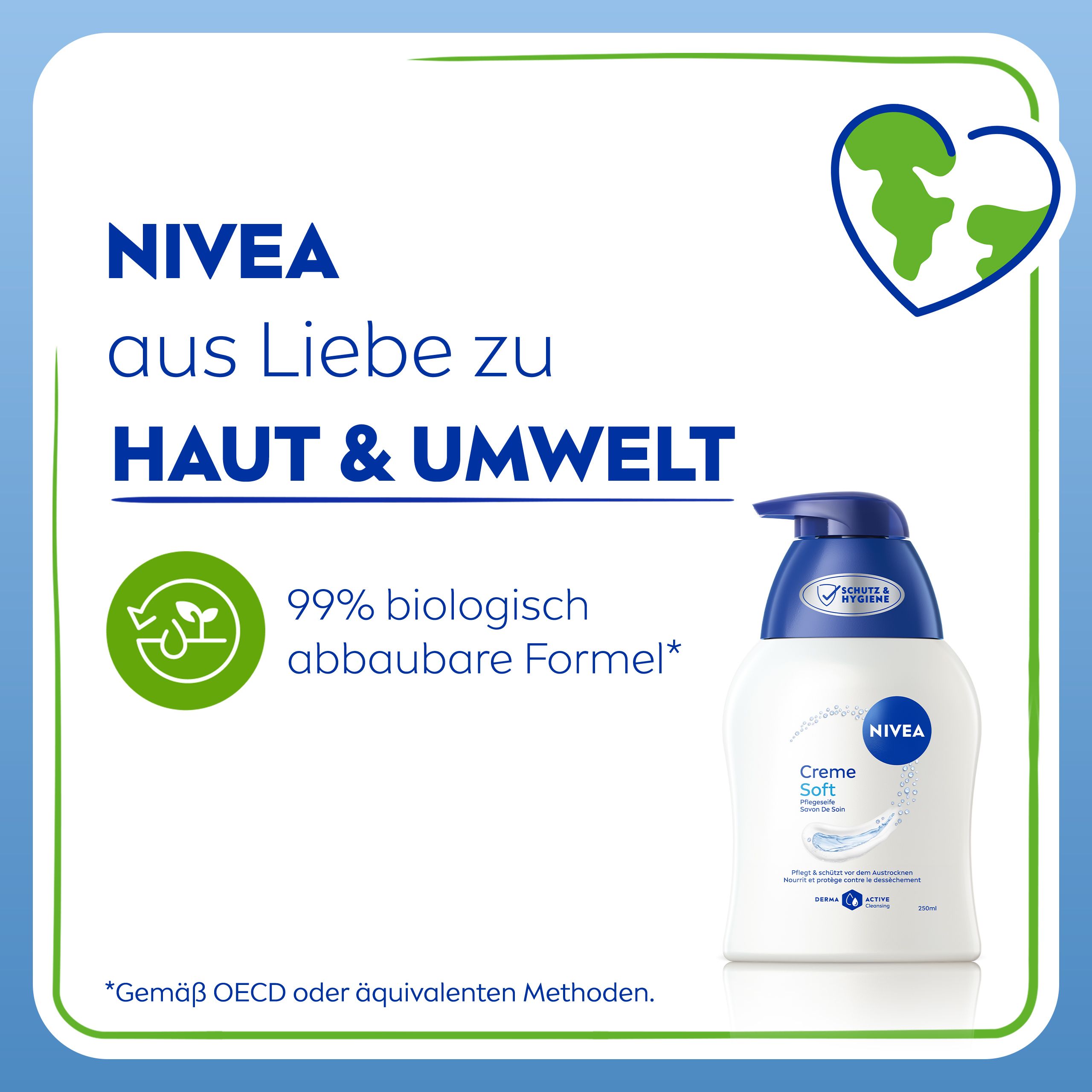 Flacon pompe Nivea Creme Soft avec formule biodégradable à 99%.