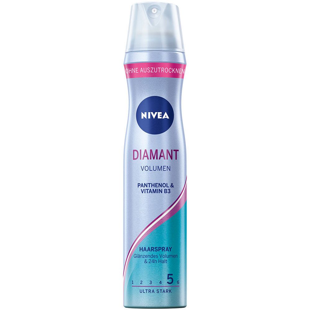 Bombe de laque NIVEA Diamant Volume, Panthenol & Vitamine B3. Argentée avec bouchon bleu, accents roses et turquoise.