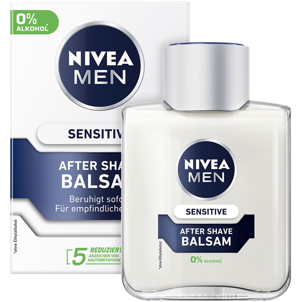NIVEA MEN Sensitive Baume Après-Rasage. Flacon et emballage. 0% alcool. Apaise immédiatement. Pour peaux sensibles.