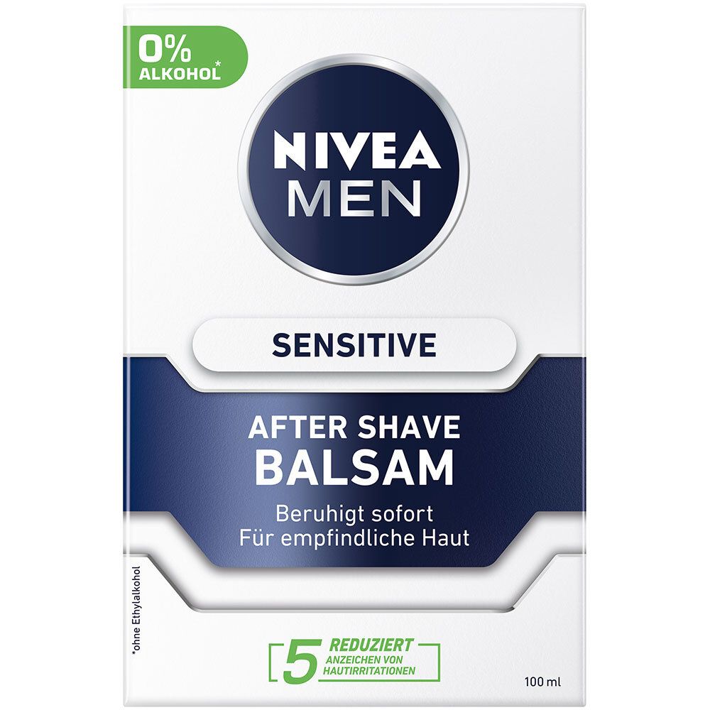 Emballage NIVEA MEN Sensitive Baume Après-Rasage. 0% alcool. Apaise immédiatement. Pour peaux sensibles. 100 ml.