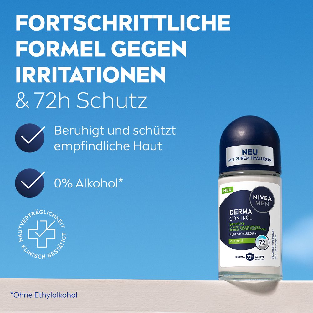 NIVEA MEN Sensitive Protect Roll-On. "Formule avancée contre les irritations & protection 72h". Testé cliniquement, 0% alcool.