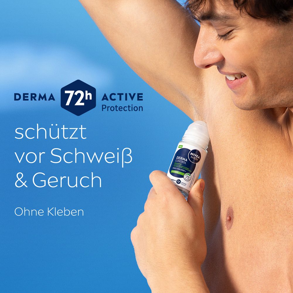 Un homme applique le NIVEA MEN Sensitive Protect Roll-On. "Protège contre la transpiration et les odeurs. Sans coller."