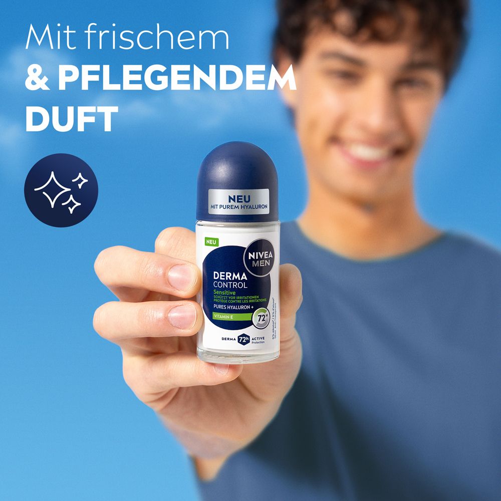 Un homme tient le NIVEA MEN Sensitive Protect Roll-On. "Avec un parfum frais et soin."