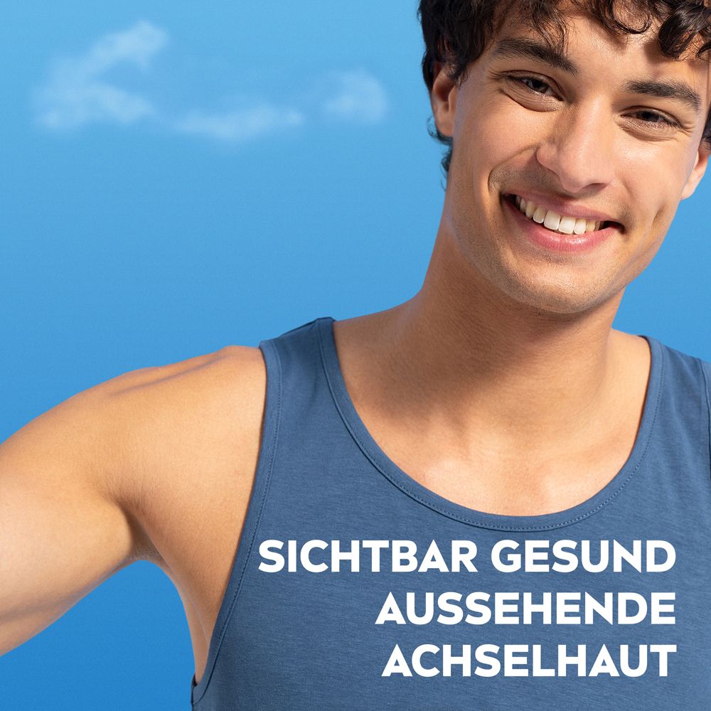 NIVEA MEN Sensitive Protect Roll-On. Flacon en verre avec bouchon bleu. "DERMA 72h ACTIVE Protection".