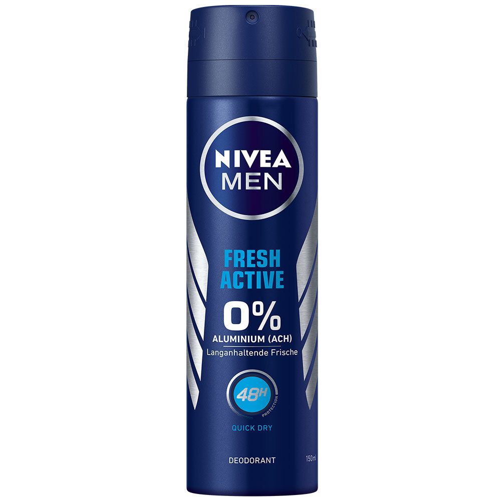 Bombe de déodorant bleu et argent. NIVEA MEN, FRESH ACTIVE, 0% aluminium (ACH), protection 48h. Sèche rapidement.