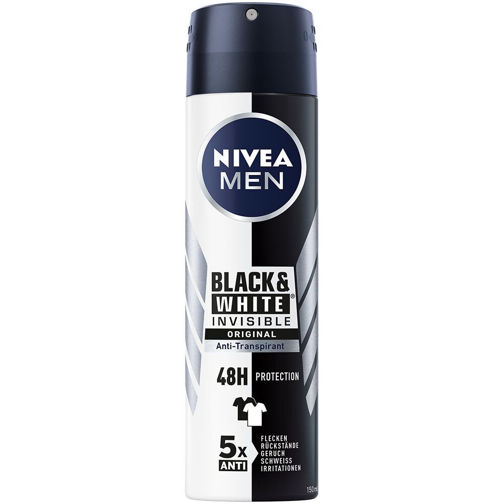 Spray déodorant noir et blanc avec logo NIVEA MEN. Texte : Black & White Invisible, Original, Anti-transpirant, Protection 48H, 5x Anti.