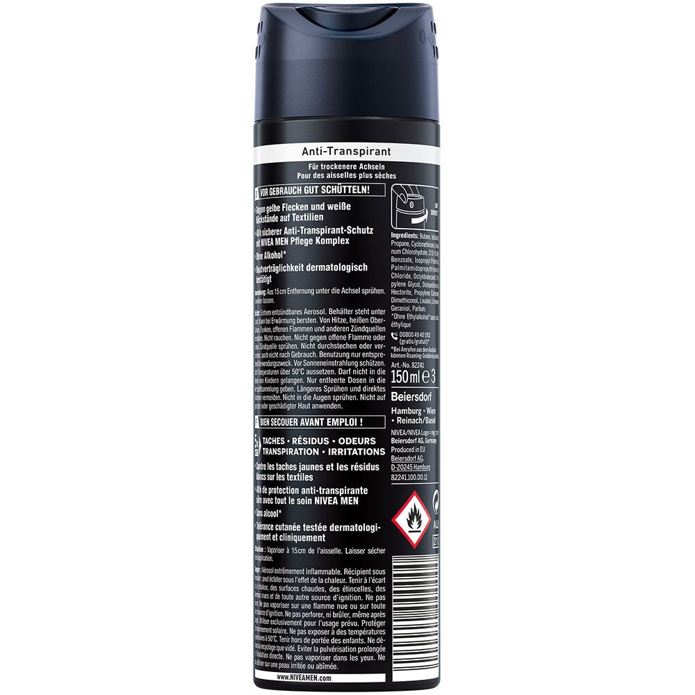Dos de la bombe de déodorant. Texte : Anti-transpirant, 150 ml, avertissements, ingrédients, adresse du fabricant, code-barres.