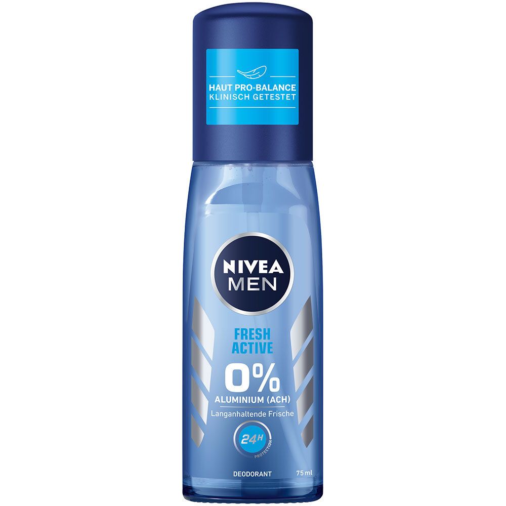 Vaporisateur bleu transparent avec bouchon bleu. NIVEA MEN, Fresh Active, 0% Aluminium (ACH). Testé cliniquement.