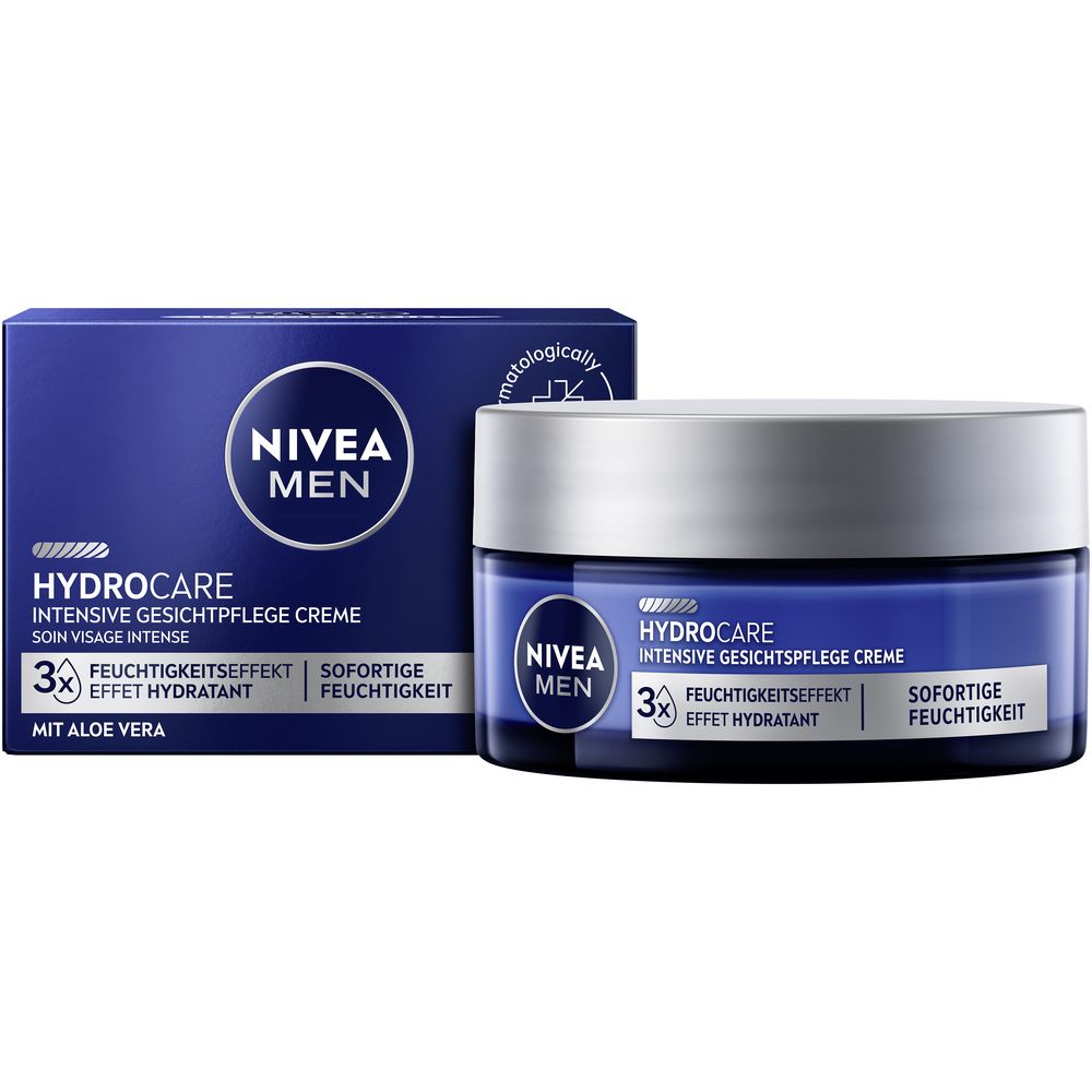 Crème visage NIVEA MEN Hydro Care avec emballage. Pot et boîte de 50ml.