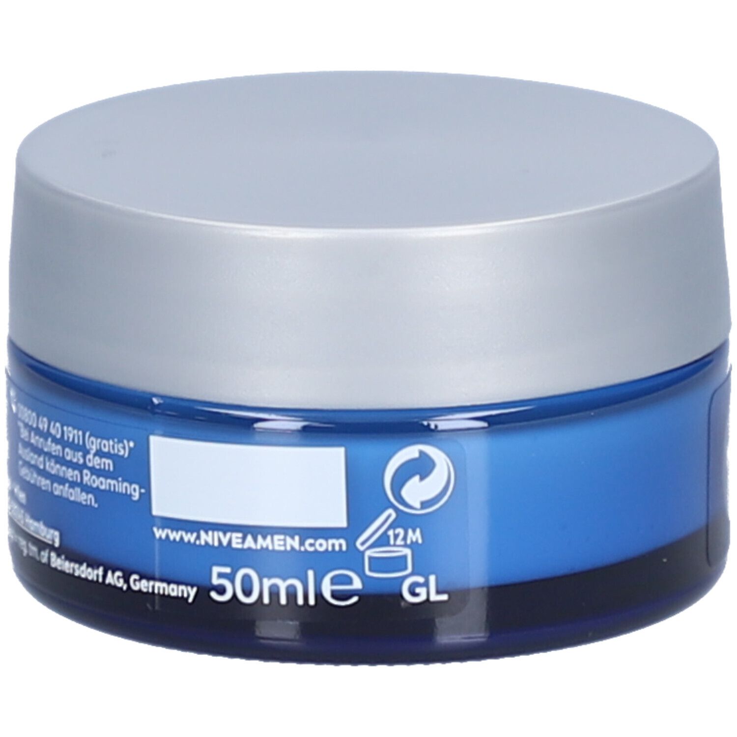 Dos du pot de crème bleu avec couvercle argenté. Inscription NIVEA MEN. Informations et logos.
