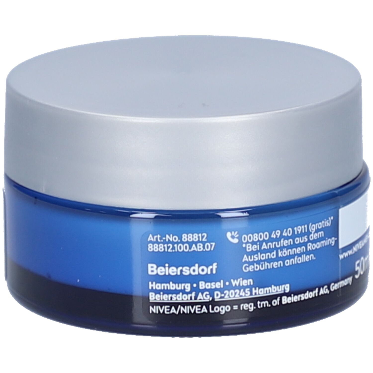 Dos du pot de crème bleu avec couvercle argenté. Inscription NIVEA MEN. Informations et logos.