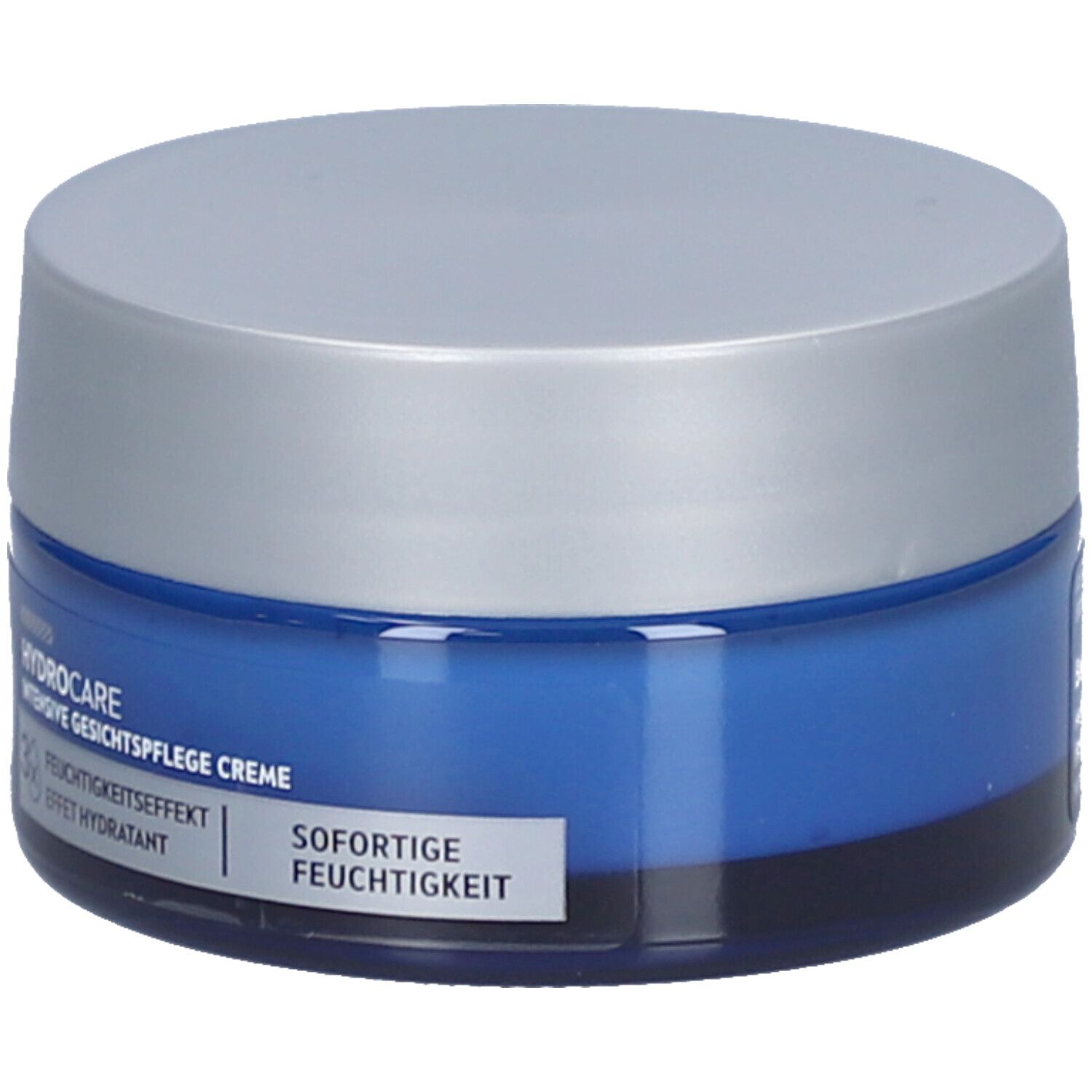 Pot de crème bleu avec couvercle argenté. Inscription NIVEA MEN, Hydrocare, crème de soin visage intensive. Hydratation immédiate.
