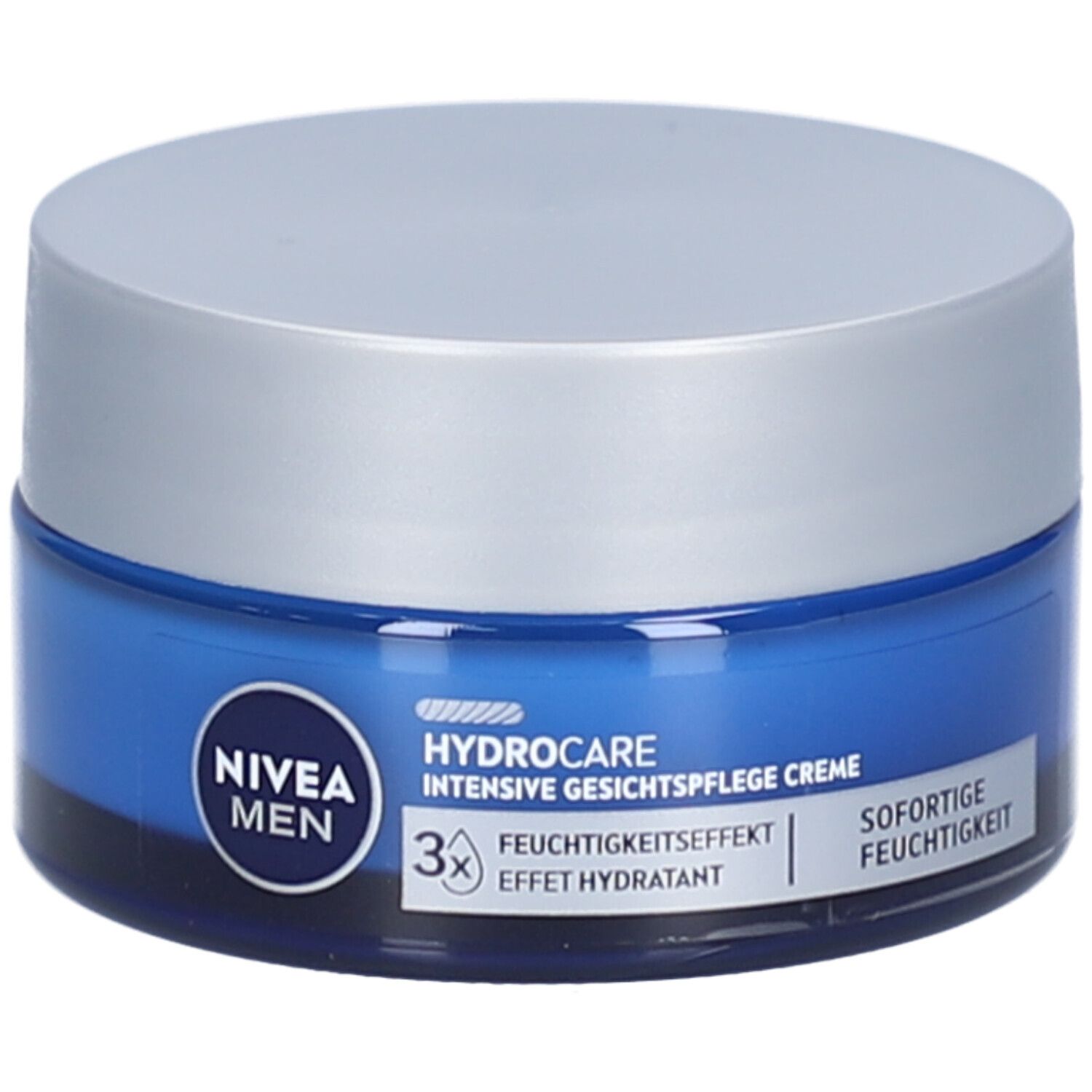 Pot de crème bleu avec couvercle argenté. Inscription NIVEA MEN, Hydrocare, crème de soin visage intensive. Effet hydratant 3x.