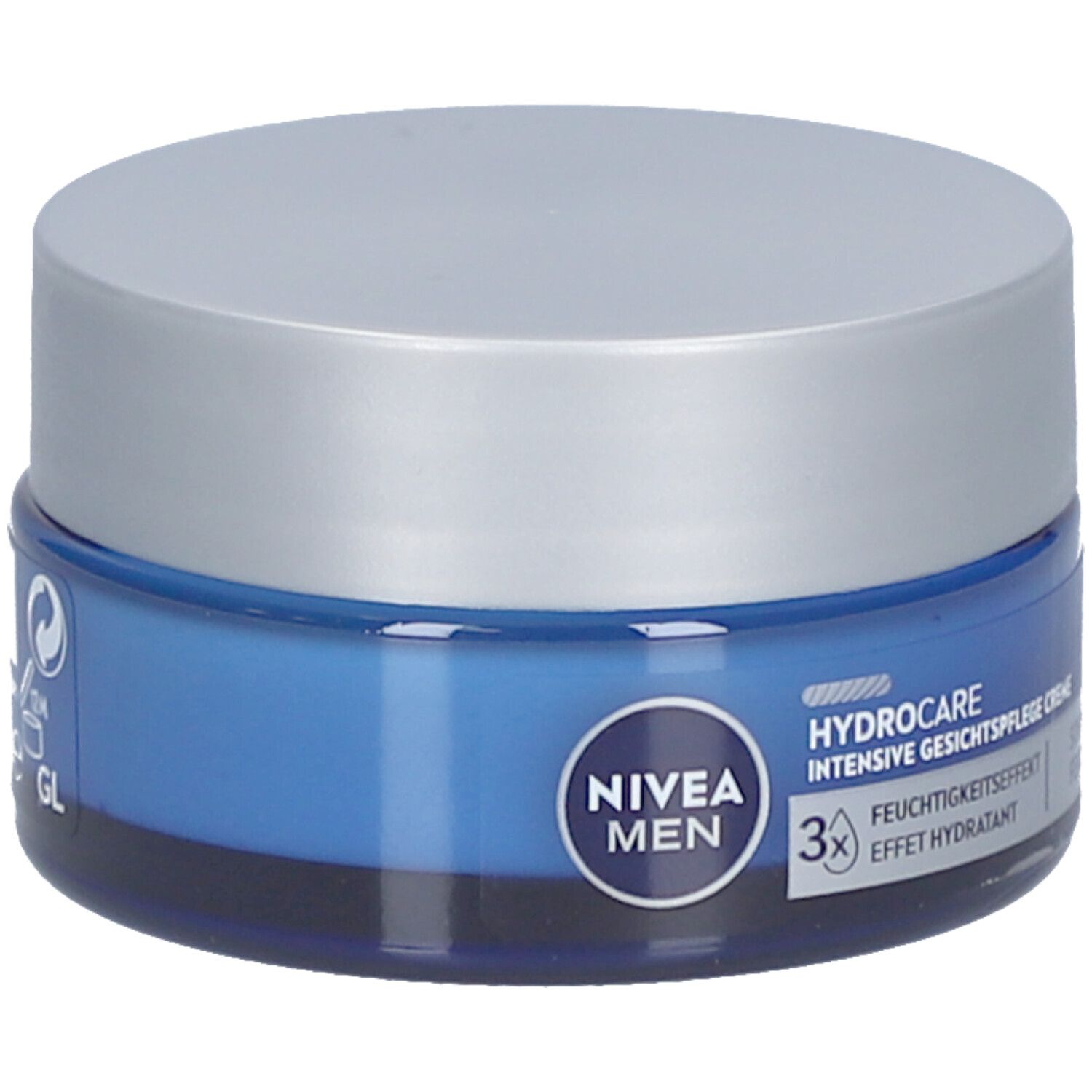 Pot de crème bleu avec couvercle argenté. Inscription NIVEA MEN, Hydrocare, crème de soin visage intensive. Effet hydratant 3x.
