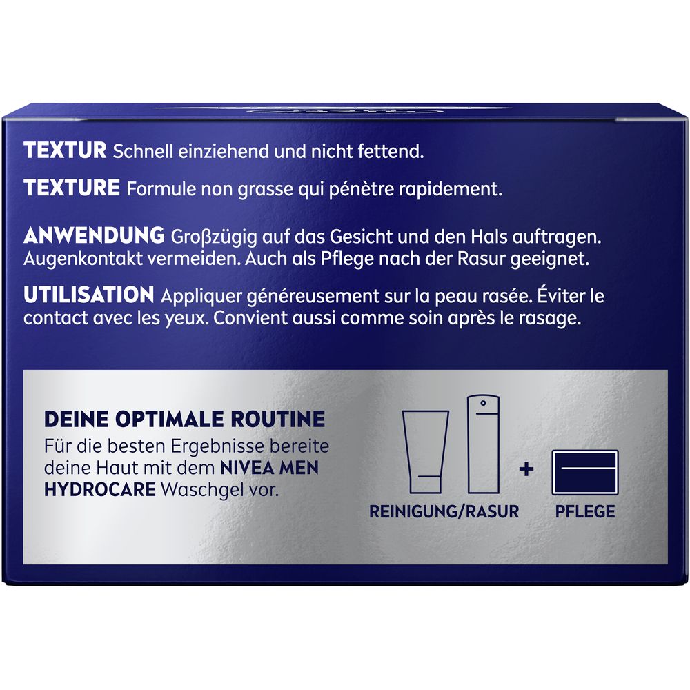 Arrière de l'emballage de la crème visage NIVEA MEN Hydro Care avec instructions d'utilisation.