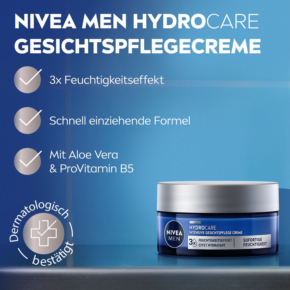 Pot de crème visage NIVEA MEN Hydro Care. Testé dermatologiquement, effet hydratant 3x.