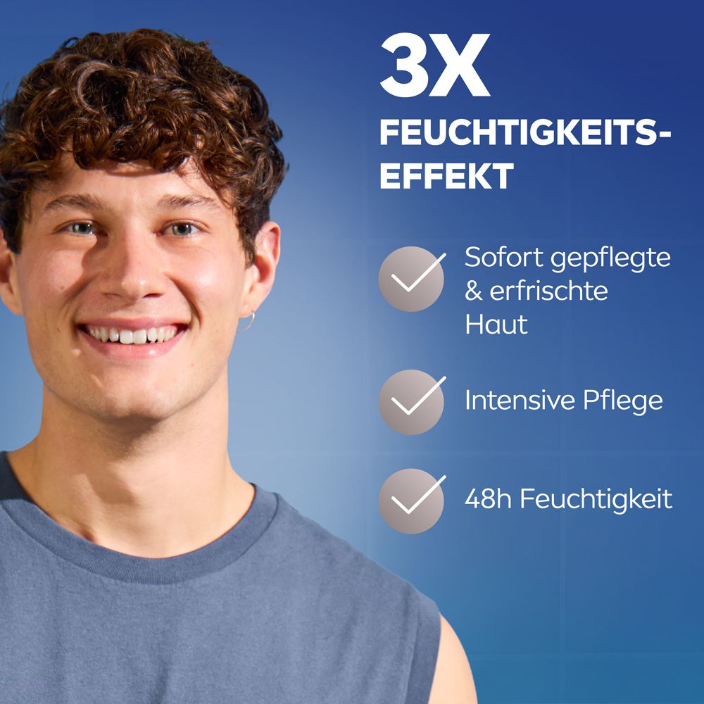 Homme avec crème visage NIVEA MEN Hydro Care. Effet hydratant 3x, hydratation 48h.
