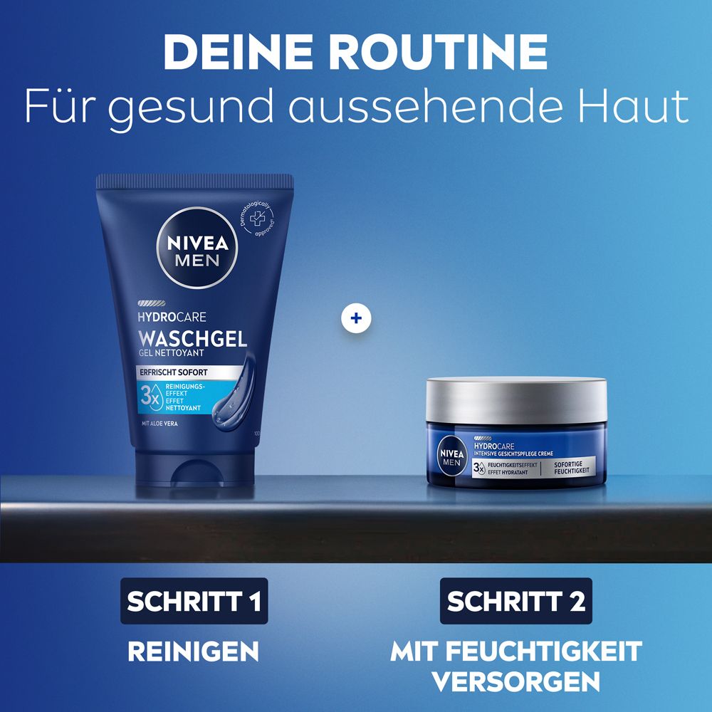 Gel nettoyant et crème visage NIVEA MEN Hydro Care pour la routine de soins de la peau.
