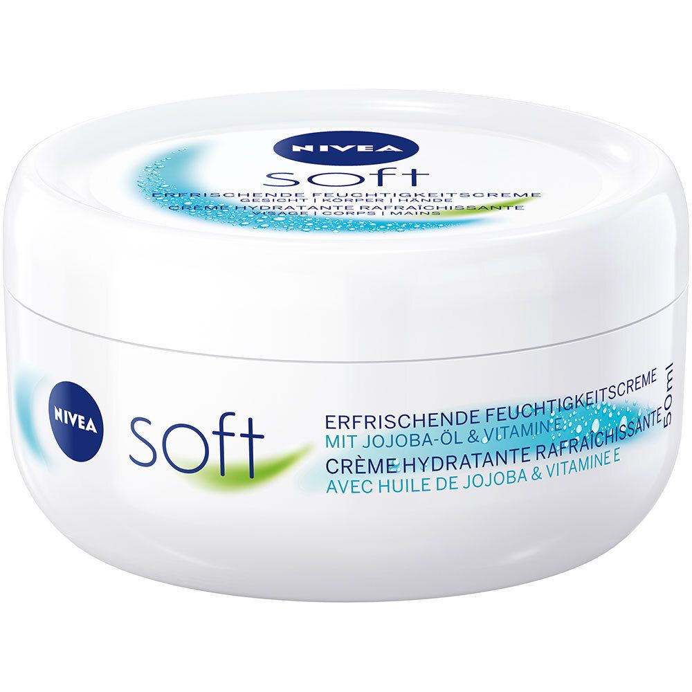 Pot blanc avec couvercle bleu. Inscription: NIVEA Soft. Texte: Crème hydratante rafraîchissante. Avec huile de jojoba & vitamine E. 50ml.