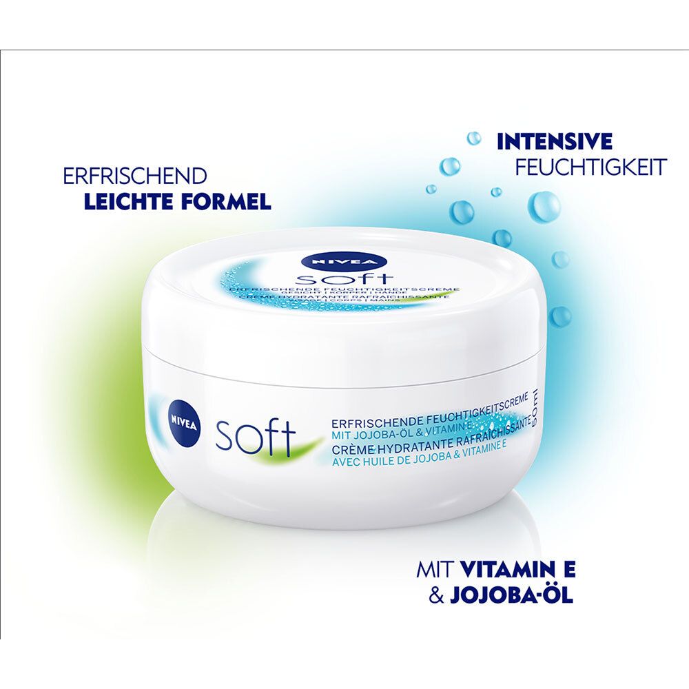 Pot blanc avec couvercle bleu. Inscription: NIVEA Soft. Texte: Crème hydratante rafraîchissante. Avec vitamine E & huile de jojoba.