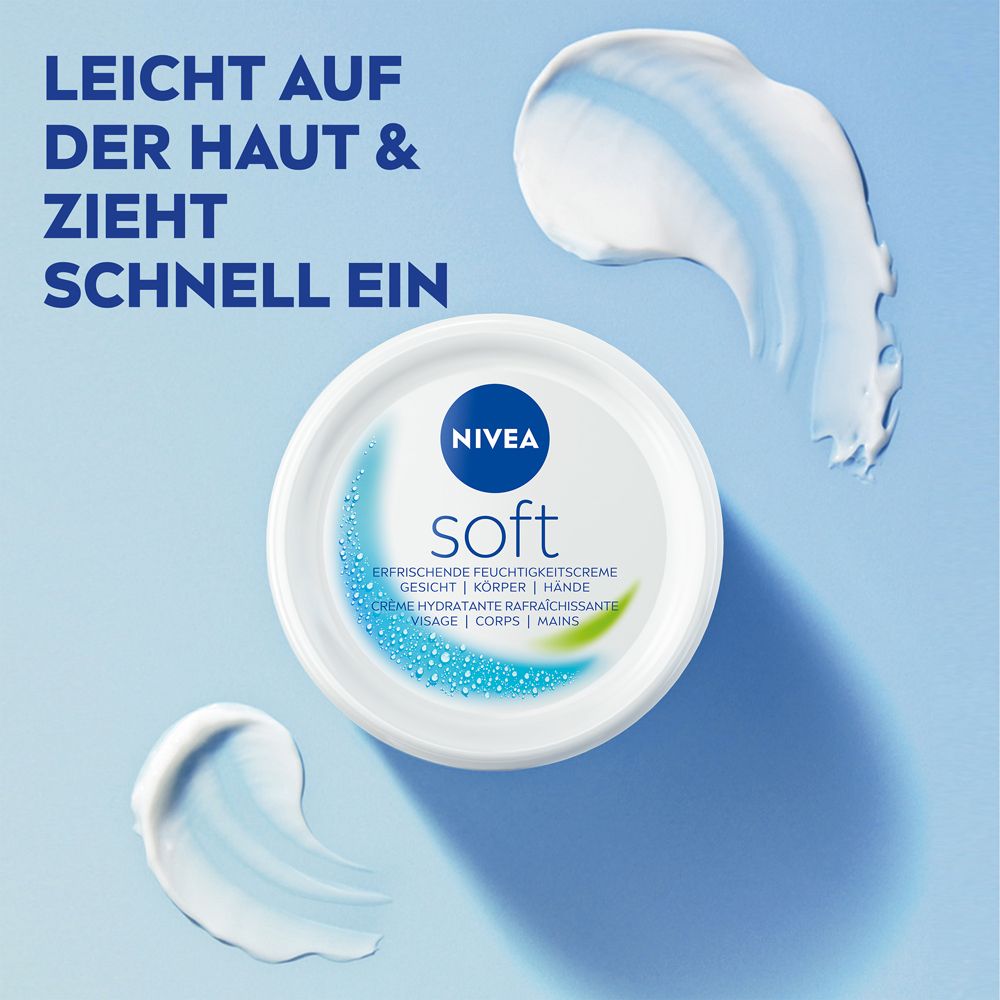 Boîte NIVEA Soft entourée de touches de crème et texte "Léger sur la peau & pénètre rapidement".