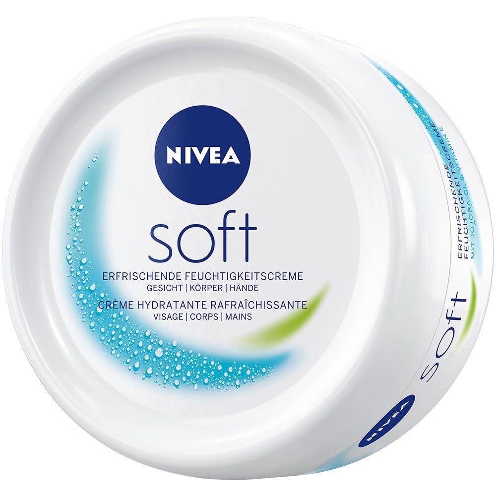 Pot blanc NIVEA Soft. Couvercle avec logo bleu et nom du produit. Texte : Crème hydratante rafraîchissante.