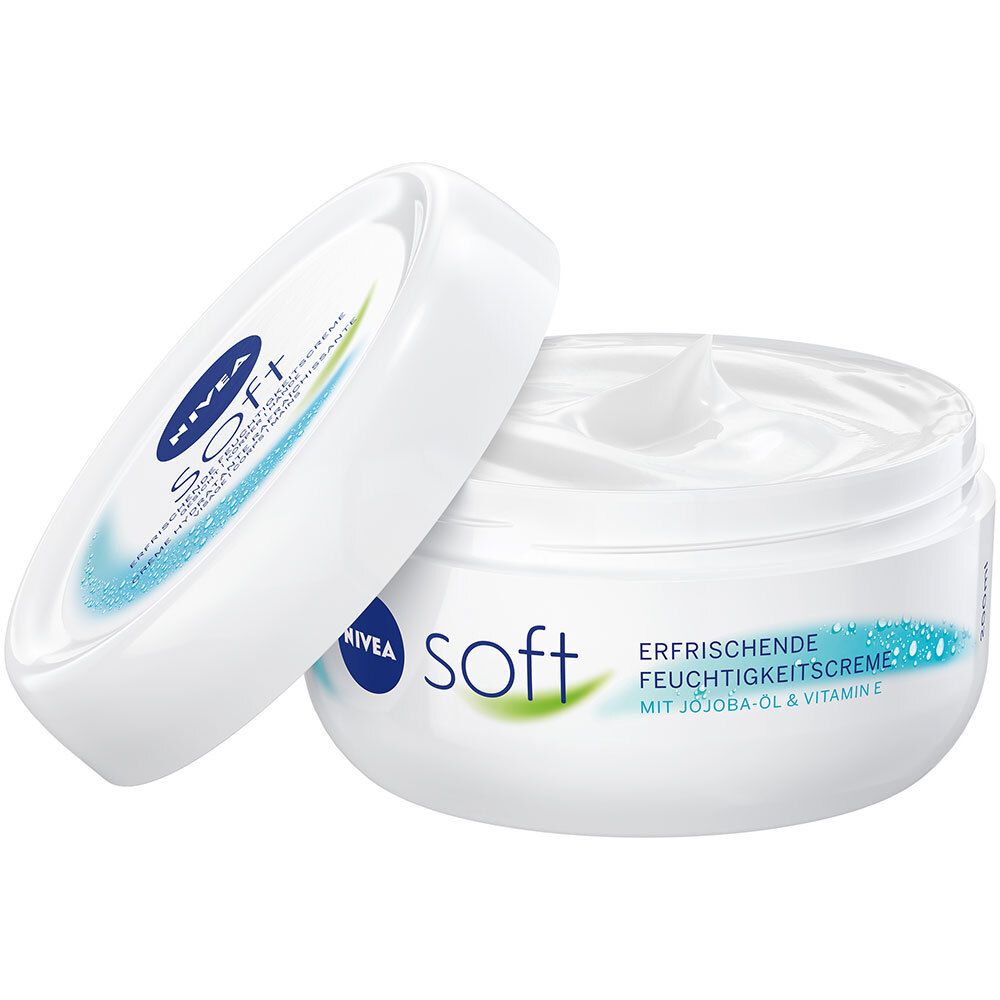 Pot blanc NIVEA Soft ouvert. Crème visible. Texte : Crème hydratante rafraîchissante avec huile de jojoba et vitamine E.