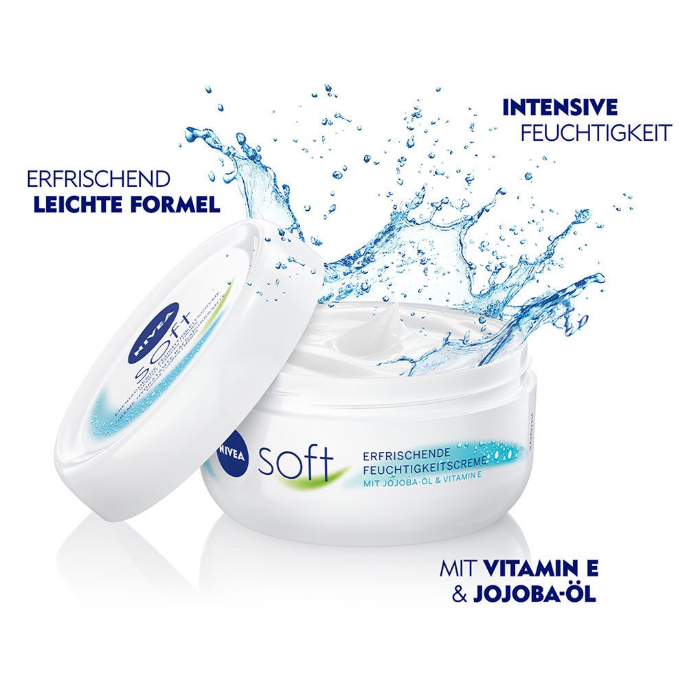 Pot blanc NIVEA Soft ouvert avec éclaboussures d'eau. Texte : Formule légère rafraîchissante, avec vitamine E et huile de jojoba.