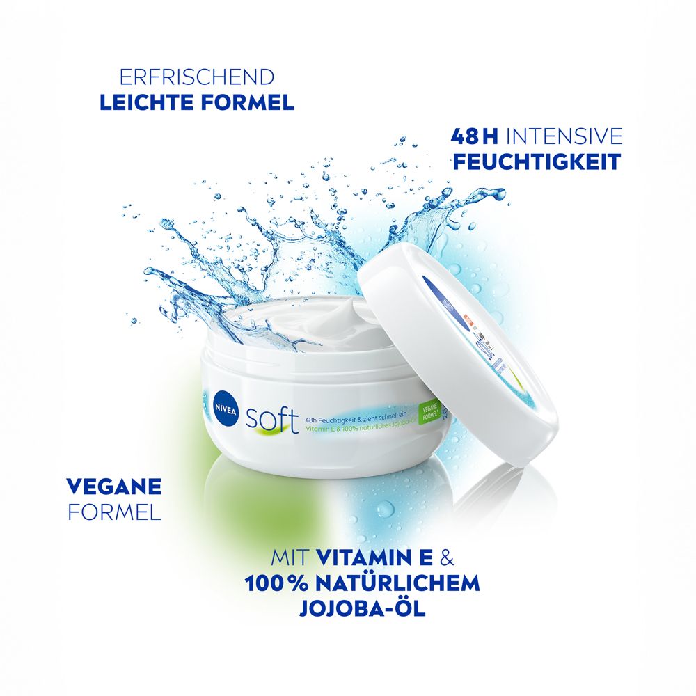 Pot de crème hydratante NIVEA Soft avec effet d'éclaboussures. Contient de la vitamine E et de l'huile de jojoba.
