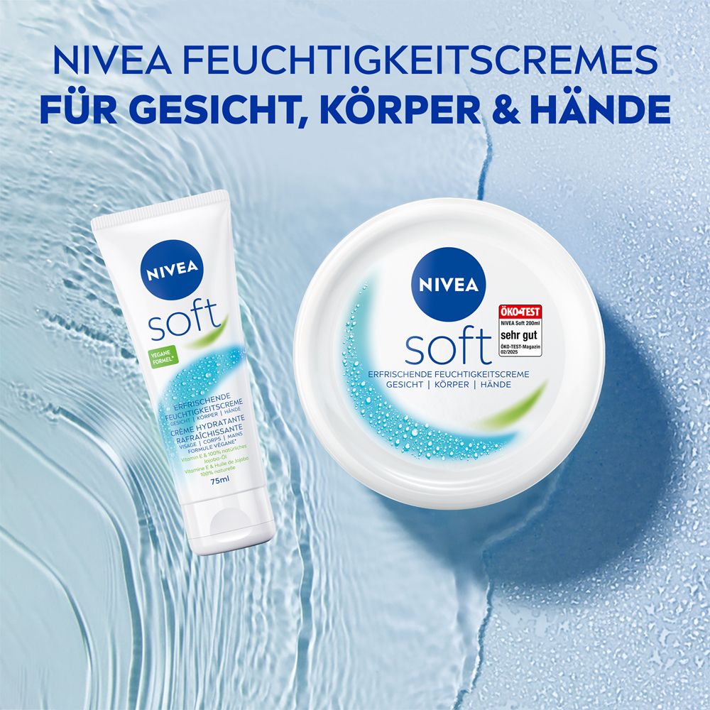 Pot et tube de crème hydratante NIVEA Soft sur fond bleu avec des vagues d'eau.