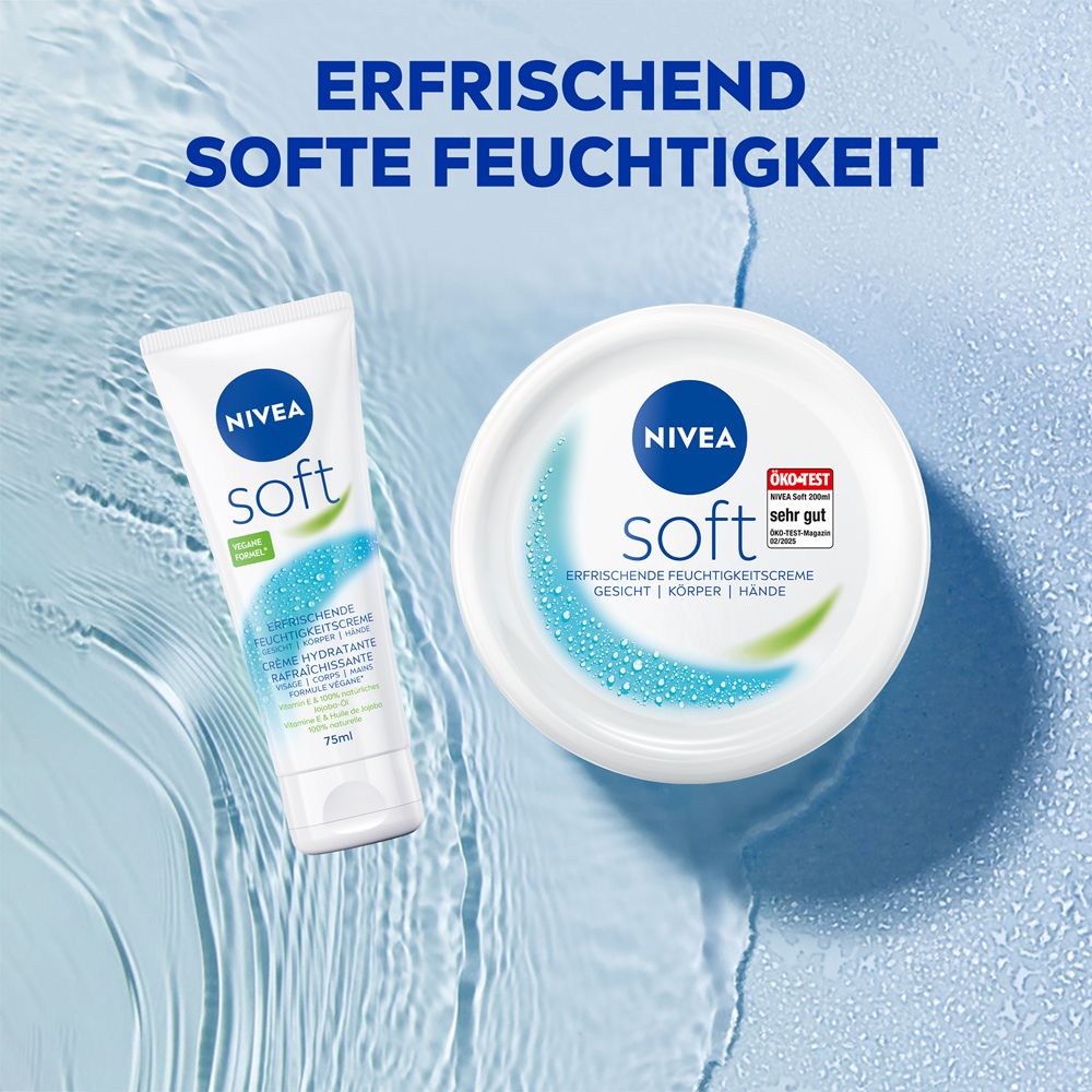 Pot et tube de crème hydratante NIVEA Soft sur fond bleu. Hydratation douce et rafraîchissante.