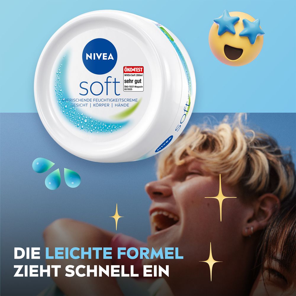 Pot de crème hydratante NIVEA Soft avec une fille souriante. "La formule légère pénètre rapidement".