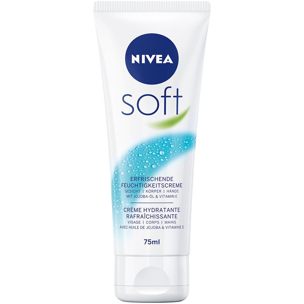 Tube blanche avec logo NIVEA bleu et inscription "soft". Texte : Crème hydratante rafraîchissante. 75ml.