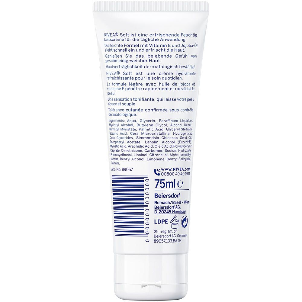 Dos du tube blanc. Texte : Ingrédients, informations fabricant, code-barres et 75ml.
