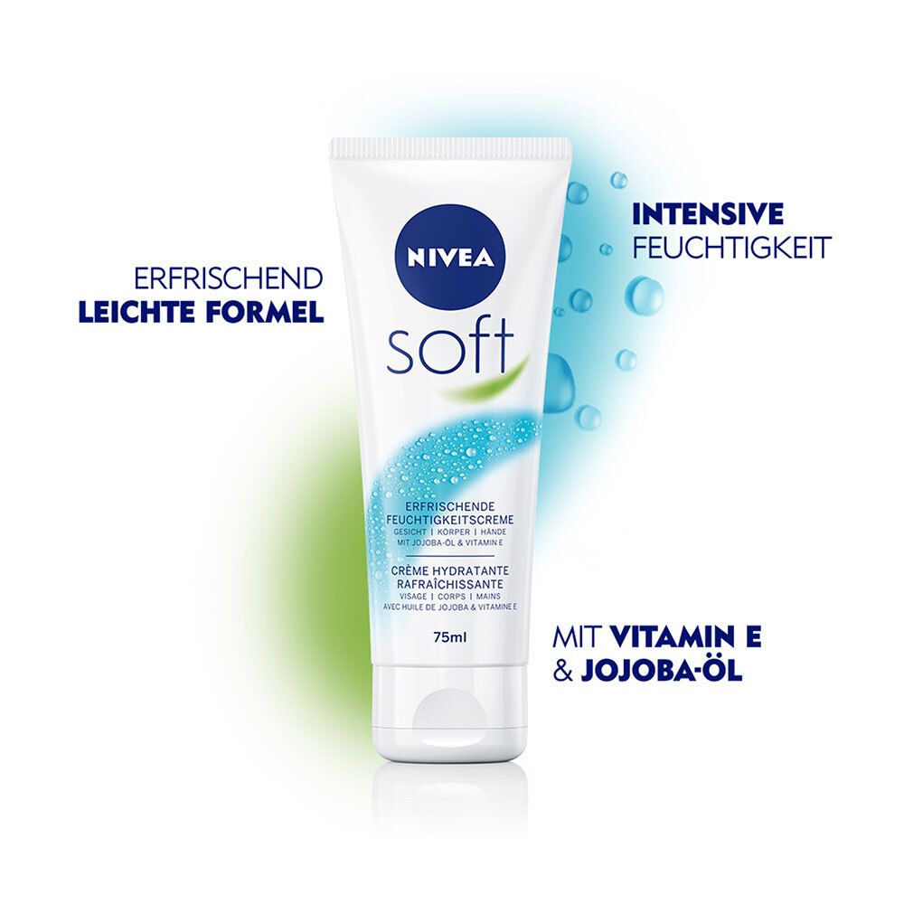 Tube blanc avec logo NIVEA bleu et "soft". Texte : Hydratation intense, formule légère, Vitamine E & huile de jojoba.