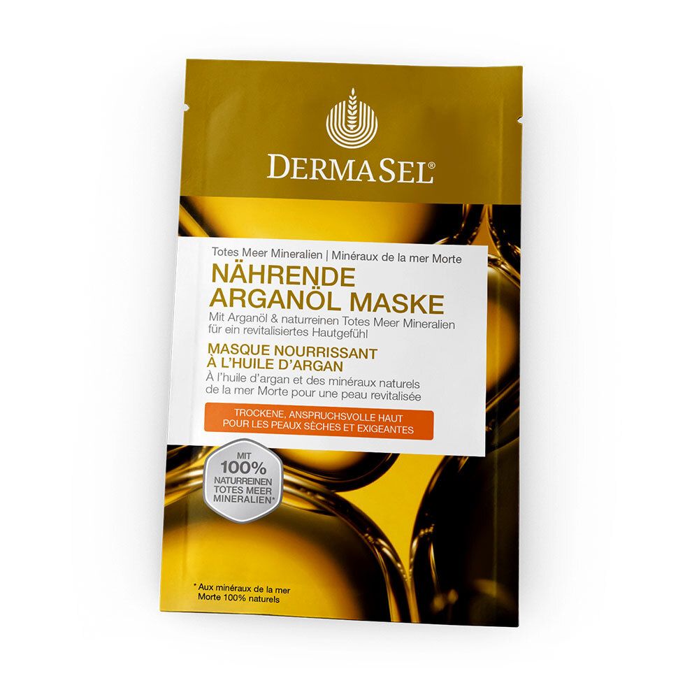 DERMASEL® Masque à l'huile d'argan. Emballage doré avec nom du produit et ingrédients. Contient des minéraux de la mer Morte.