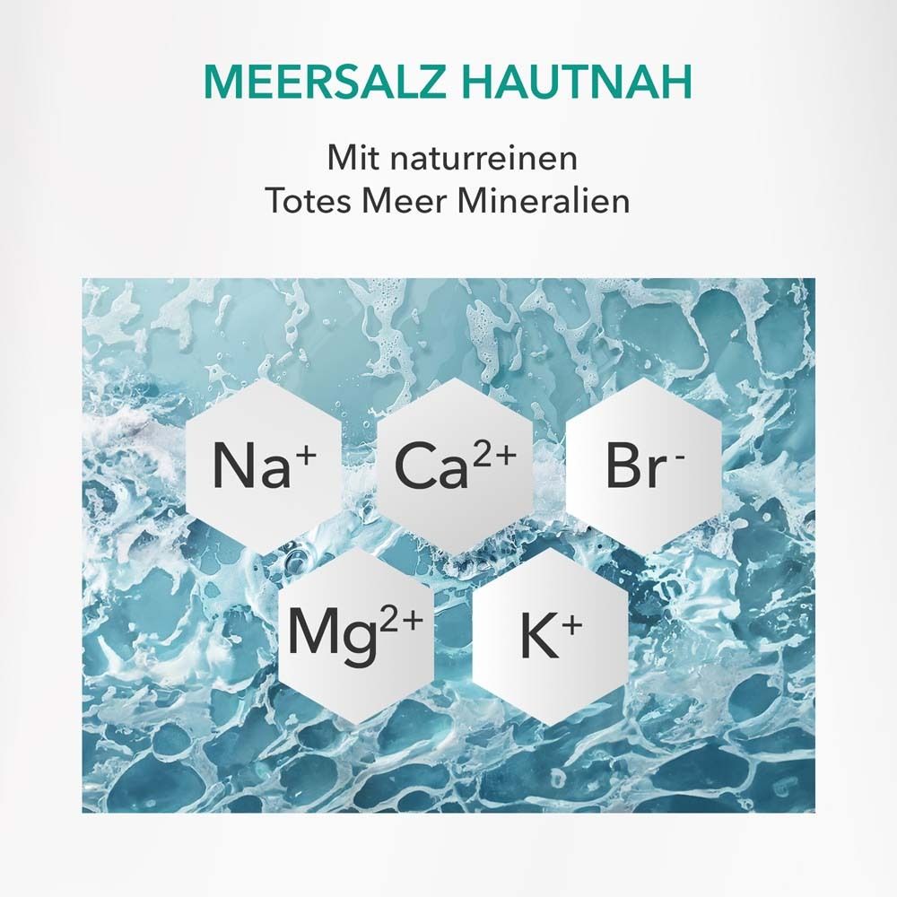 Graphique avec eau et minéraux: Na+, Ca2+, Br-, Mg2+, K+. Texte: Sel marin au contact de la peau, avec minéraux naturels de la mer Morte.