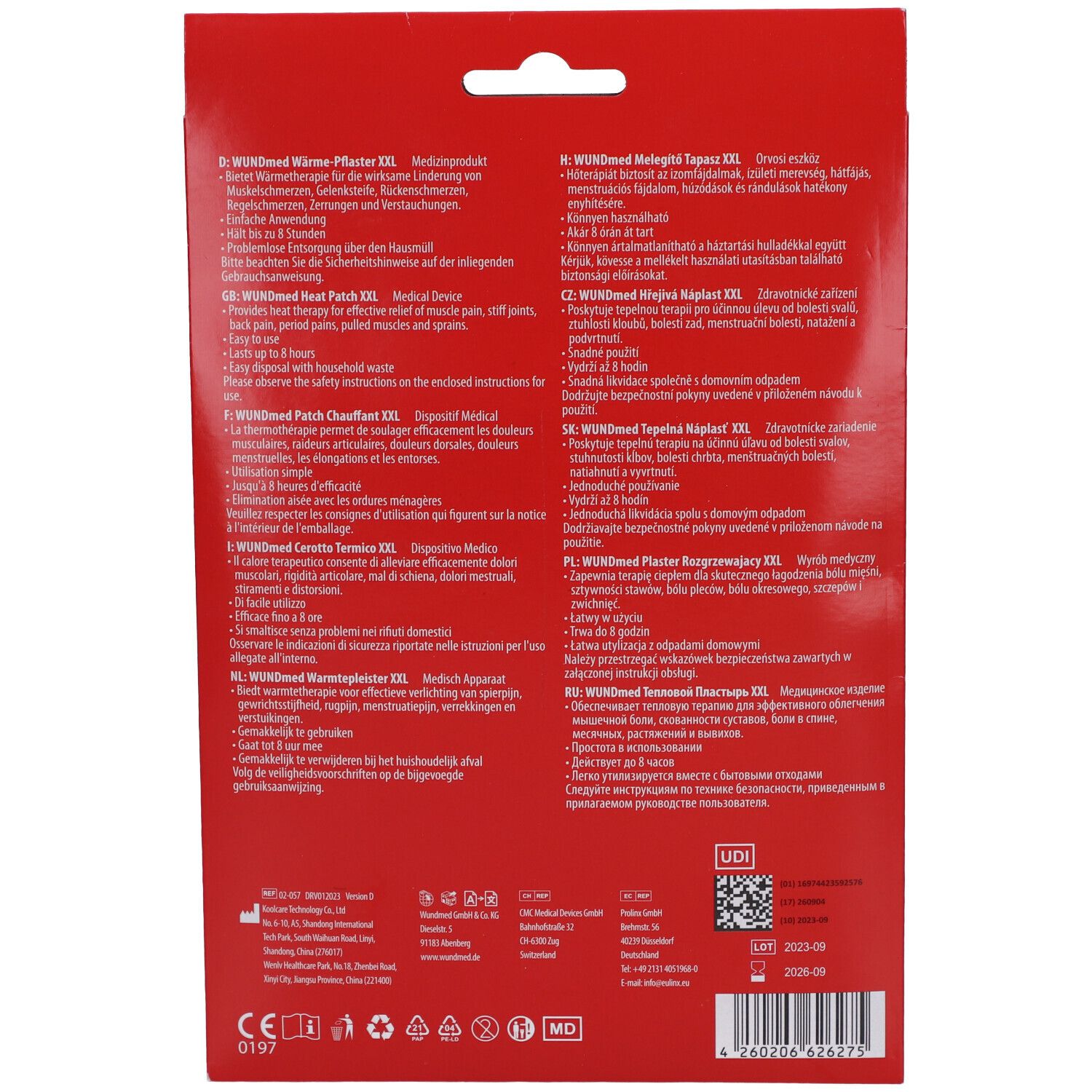 Dos du paquet de patchs chauffants, emballage rouge, texte multilingue, code UDI.