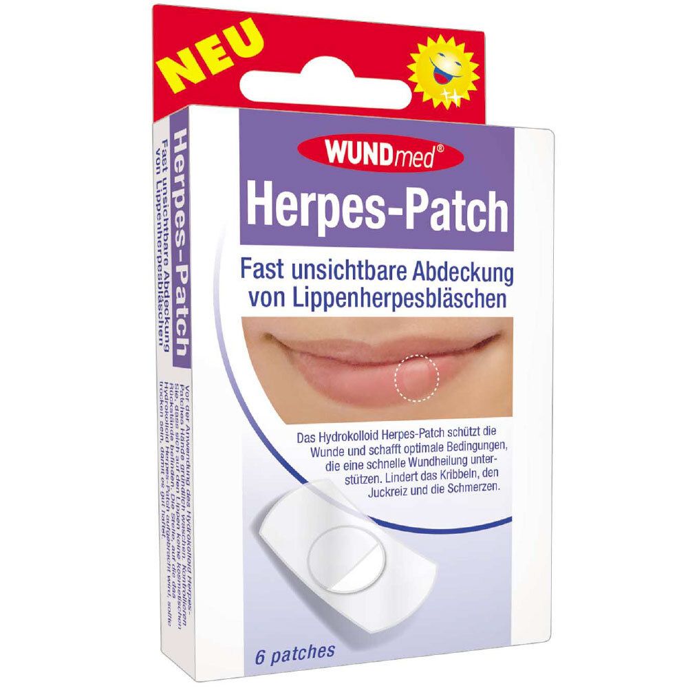 Boîte de WUNDmed Herpes-Patch. Contient 6 patchs. Inscription : "Couverture presque invisible des boutons de fièvre".