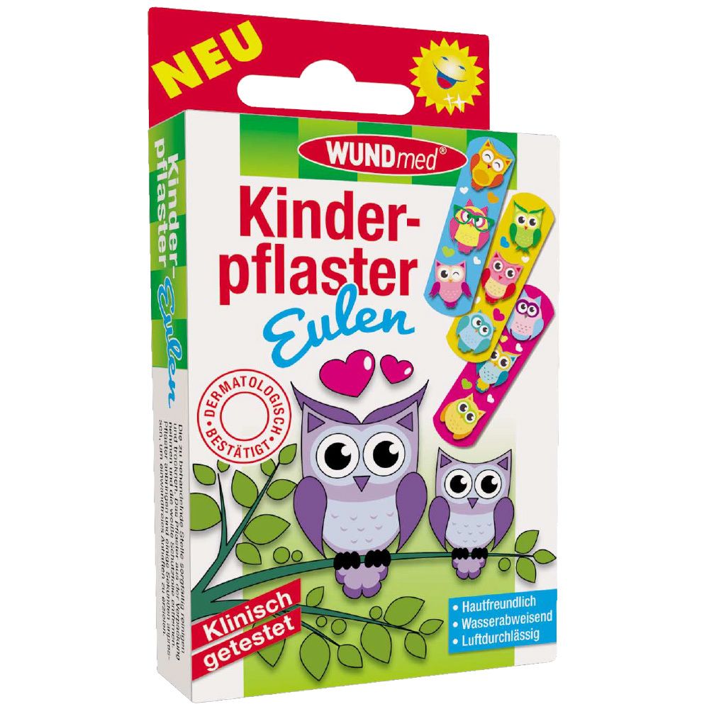 Emballage de pansements pour enfants. Inscription : WUNDmed Kinderpflaster Eulen. Illustrations de hiboux et de pansements à motifs de hiboux.