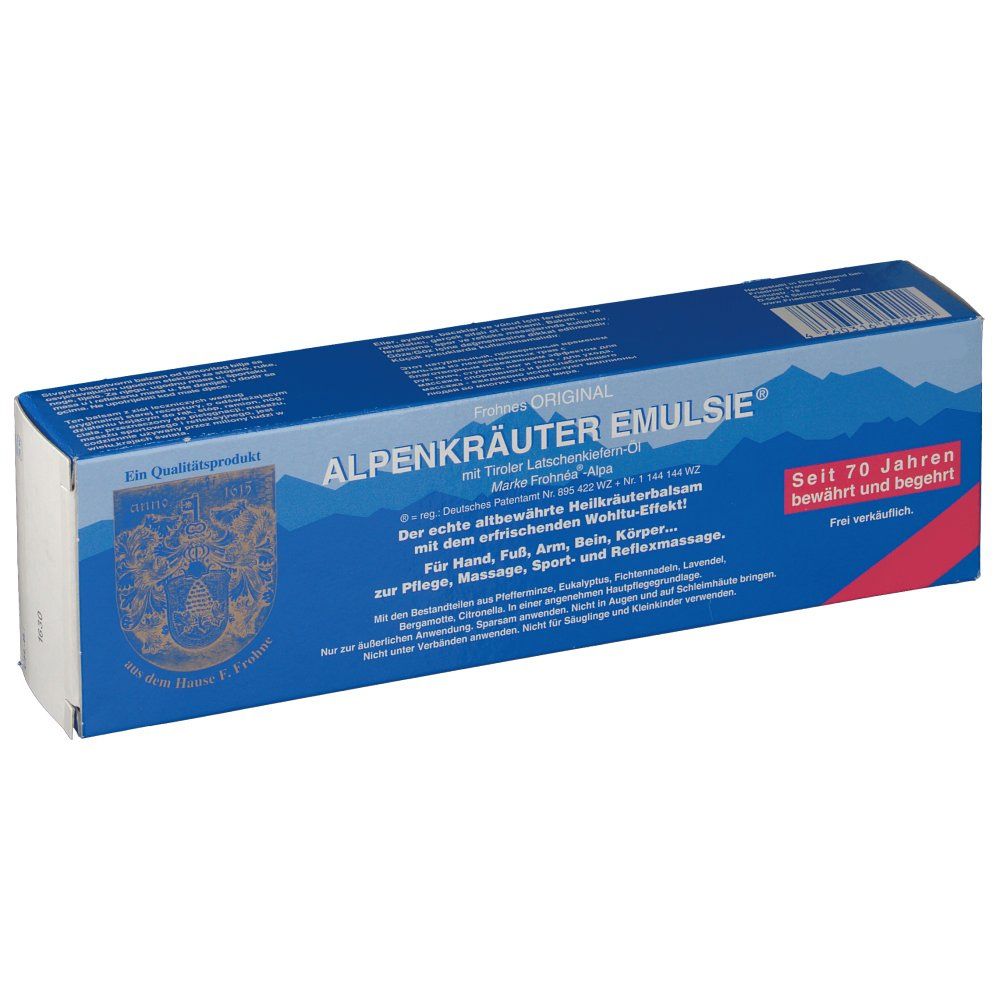 Boîte bleue et blanche avec le nom du produit ALPENKRÄUTER EMULSIE®. Texte : "Seit 70 Jahren bewährt und begehrt".