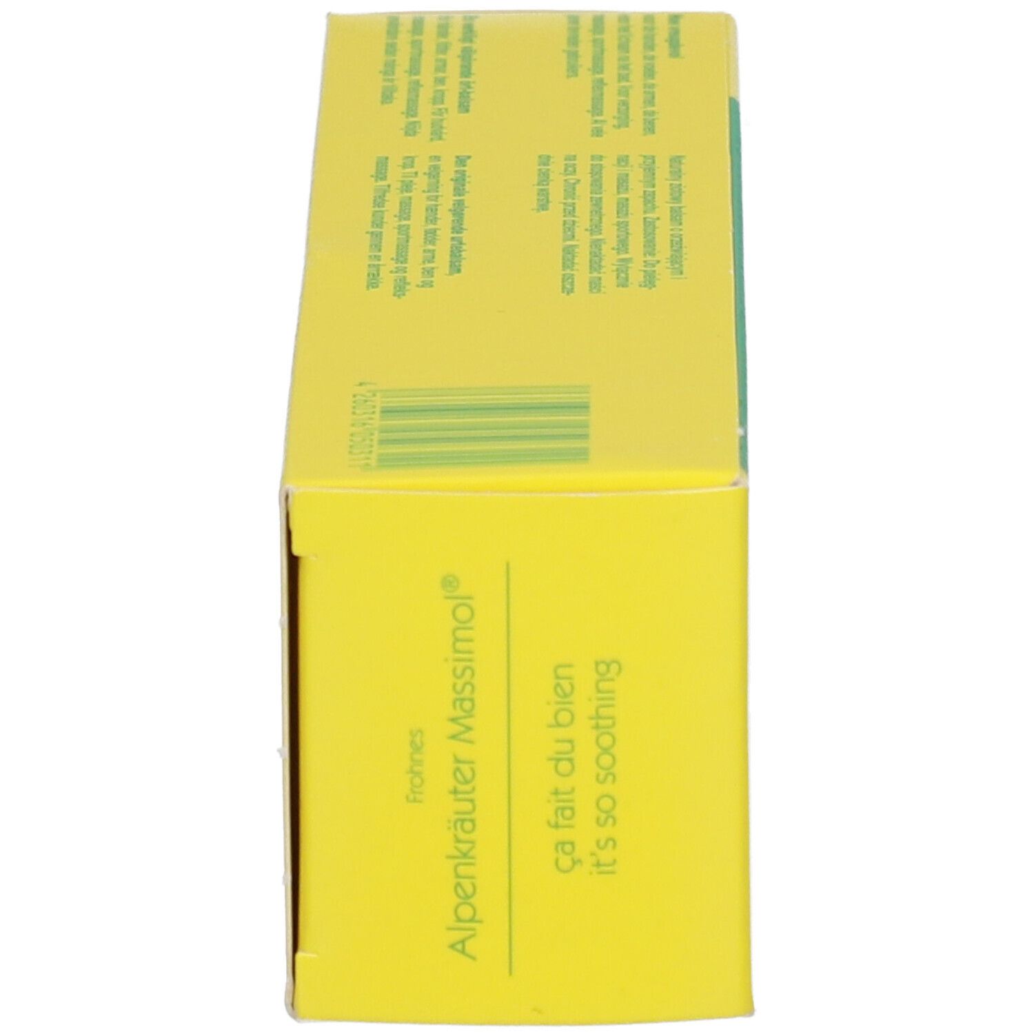 Extrémité de la boîte jaune avec texte en allemand et français. Alpenkräuter Massimol.