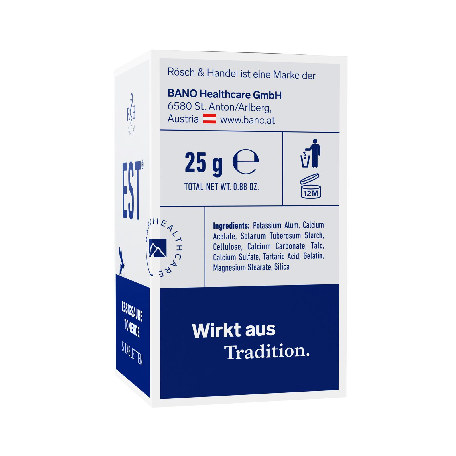 Dos de la boîte avec ingrédients, adresse du fabricant et poids de 25g. Texte : Wirkt aus Tradition.