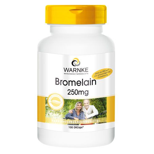 Flacon blanc à bouchon jaune. Inscription: WARNKE Bromelain 250mg. Image d'un couple âgé. 100 DRcaps.
